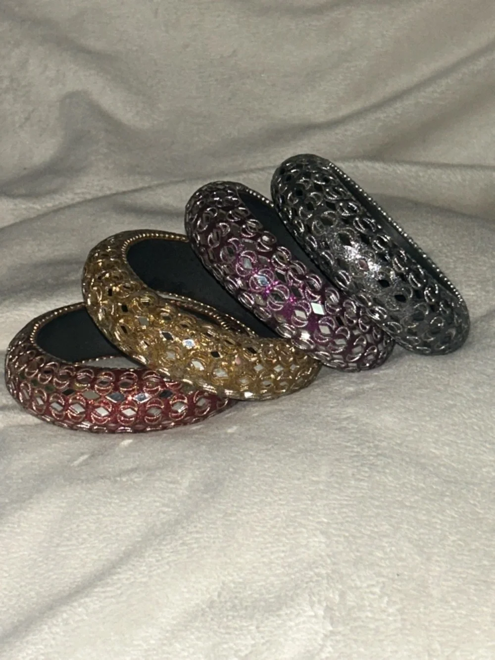 Vintage Stackable Domed Filigree Mirrored Bangle Set - Gold, Silver, Purple, Red